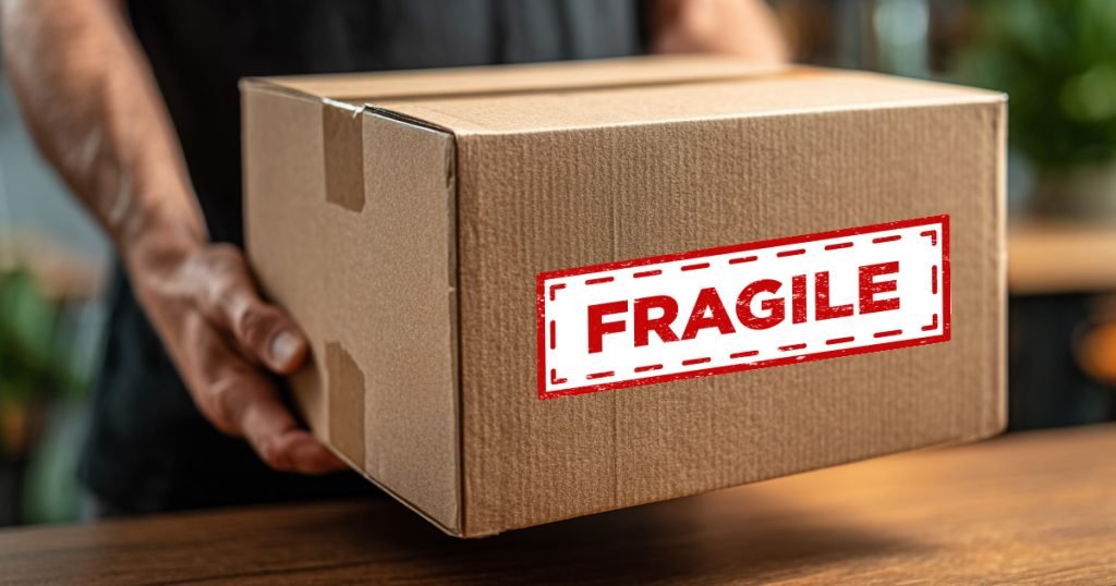 Person holding a cardboard shipping box labeled Fragile, symbolizing the importance of protective packaging and void fill.