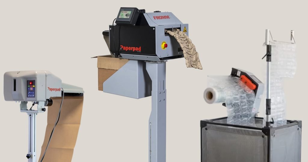 FROMM packaging machines PC100, PC1000, and AP1000 shown side by side for void fill production.