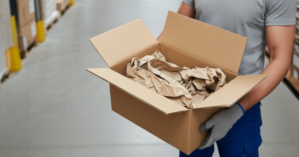 Warehouse worker carrying a box filled with recycled paper void fill for product protection