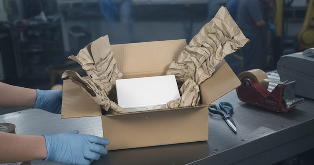 Cardboard box with eco-friendly paper void fill protecting a product